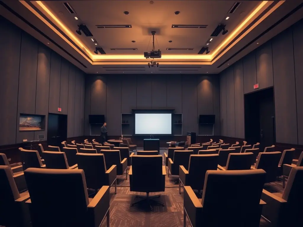 A dynamic image of a conference setup with advanced lighting and sound systems, showcasing Event Pro Warszawa's technical capabilities.